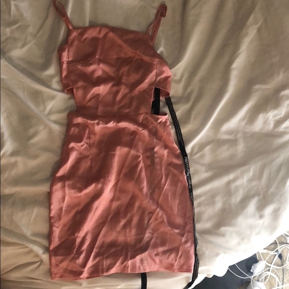 rose satin cut out side bodycon dress